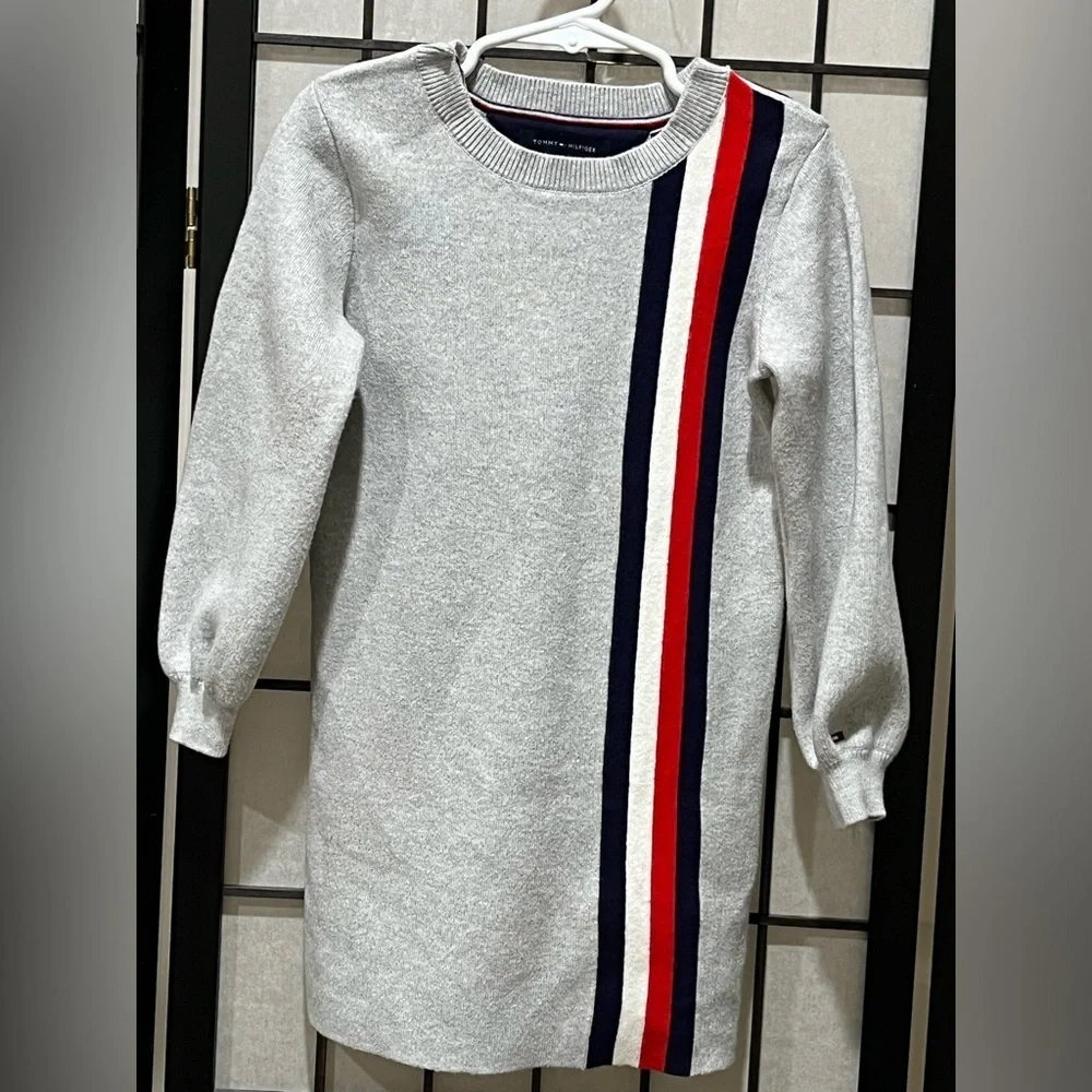 TOMMY HILFIGER KIDS GRAY SIGNATURE STRIPE, COTTON KNIT DRESS, CHILD SIZE 4